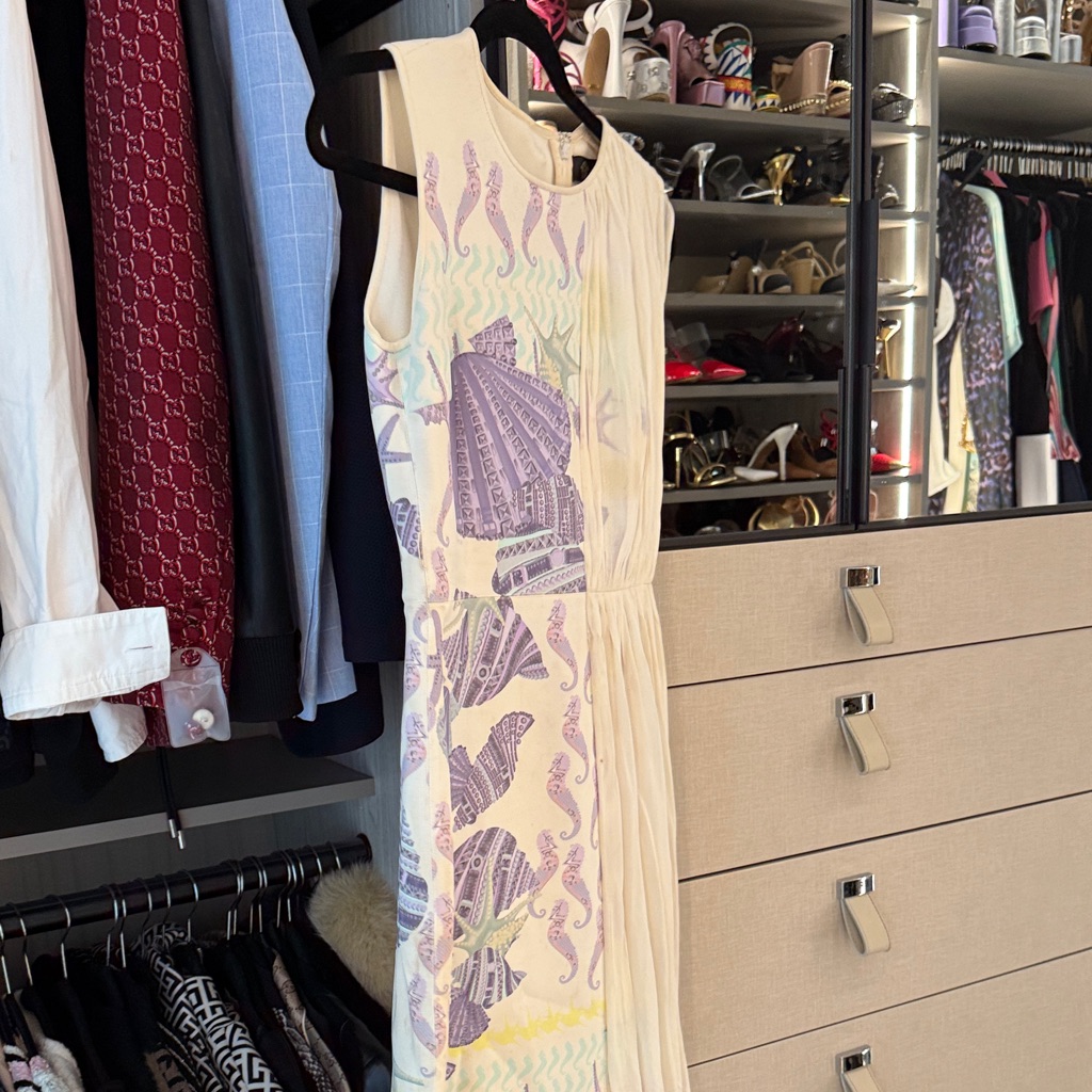 Versace Cream And Purple Midi Dress